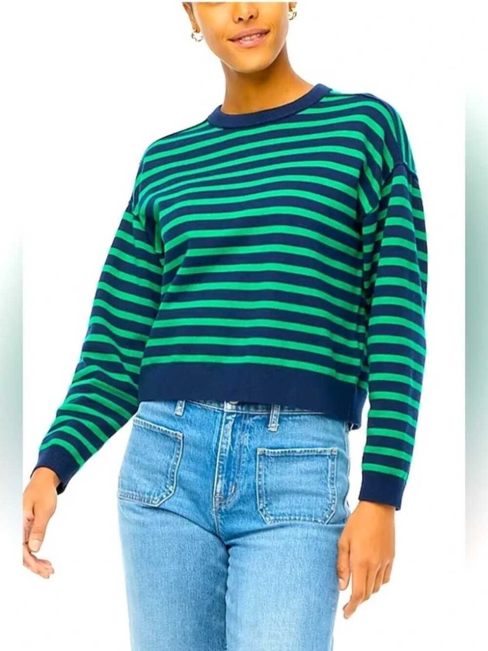 J Crew Striped Drop-Shoulder Pullover 100% Merino Wool Size S